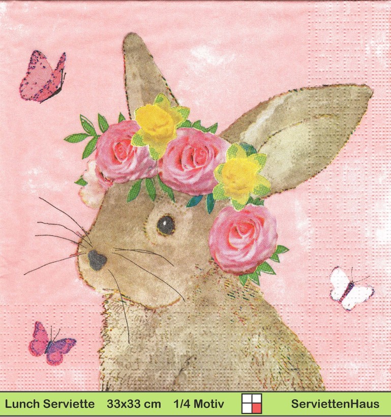 Hasendame mit Blumenkranz auf rosa - 1 Lunch Serviette