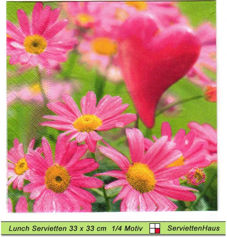 Herz zwischen Margeriten in pink - 1 Lunch Serviette