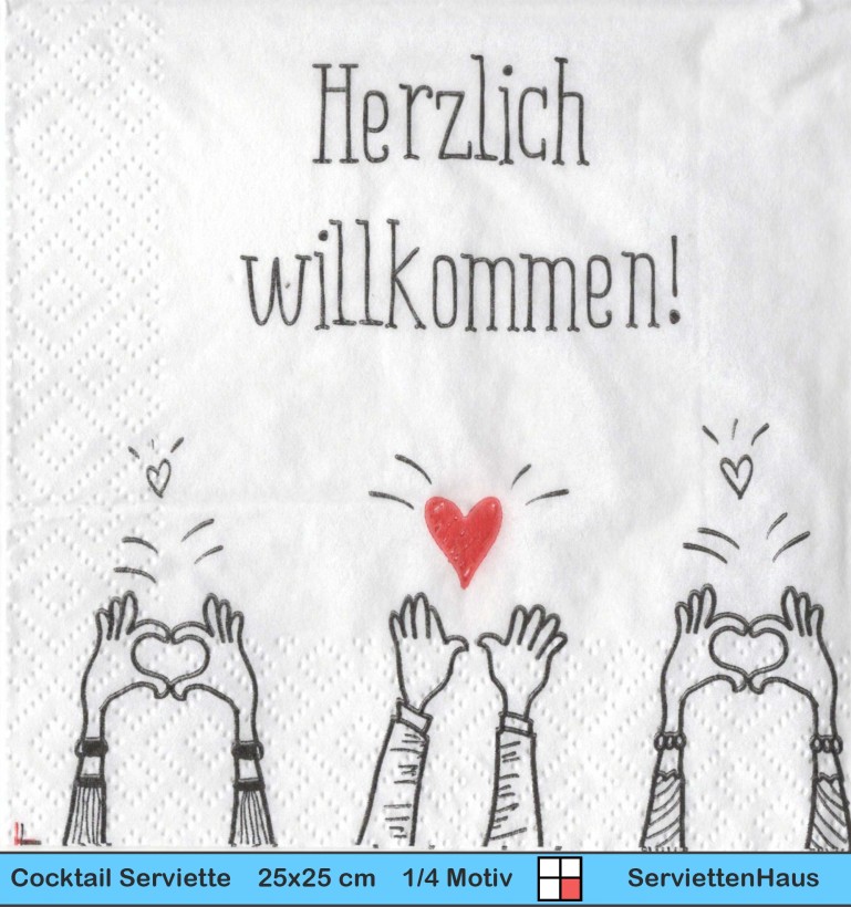 Herzlich Willkommen mit Händen und Herz - 1 Cocktail Serviette