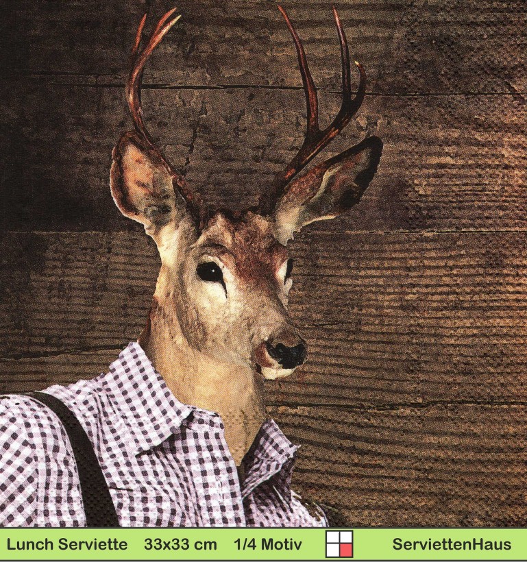 Hirsch im braun karriertem Hemd vor Holzwand - 1 Lunch Serviette