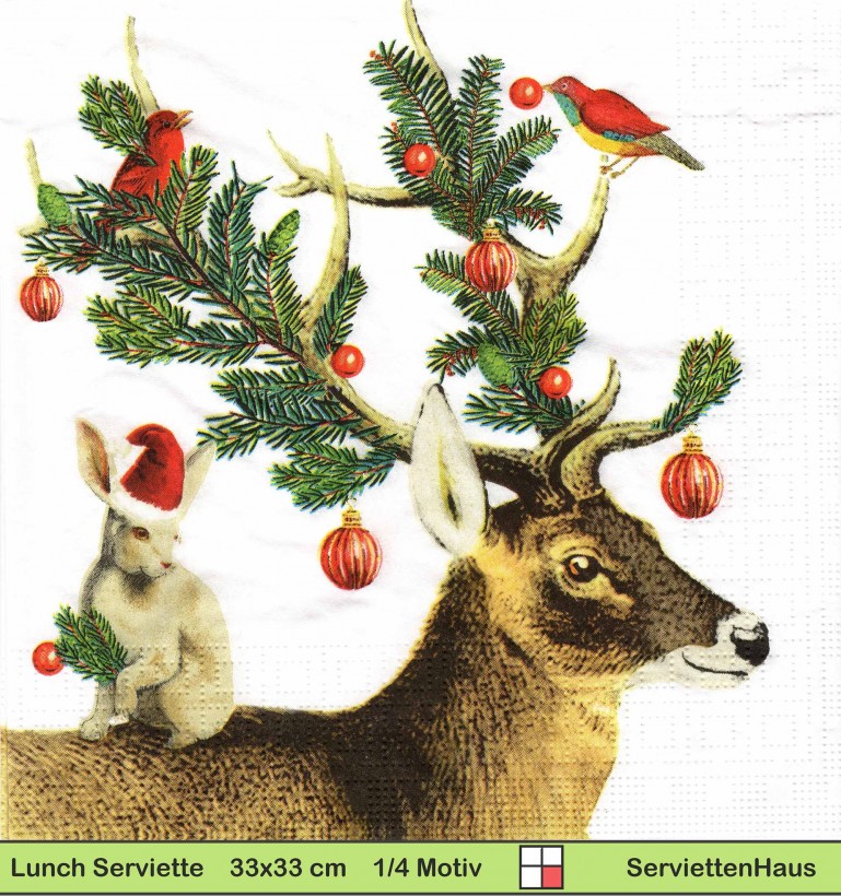 Hirsch Hase und Vogel mit Zweigen und Weihnachtskugeln - 1 Lunch Serviette