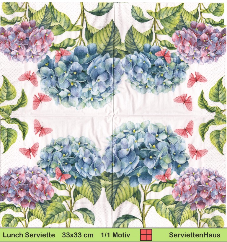 Hortensien in rosa und blau mit rosa Schmetterlingen - 1 Lunch Serviette