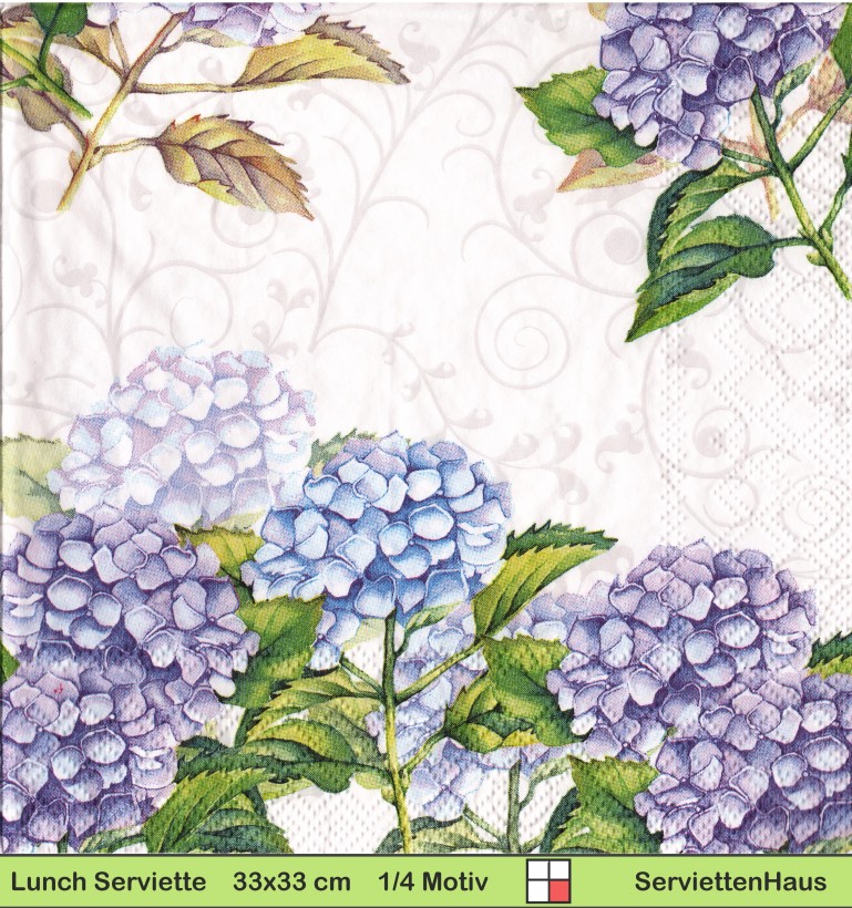 Blaue Hortensien mit Ornamenten - 1 Lunch Serviette