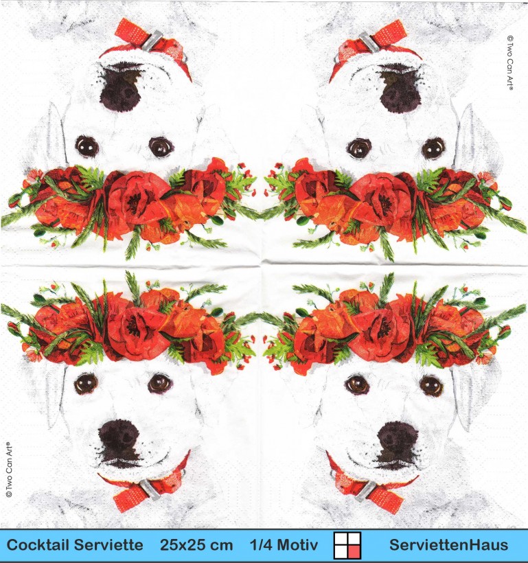Hund weißer Retriever mit Mohnblumenkranz - 1 Cocktail Serviette