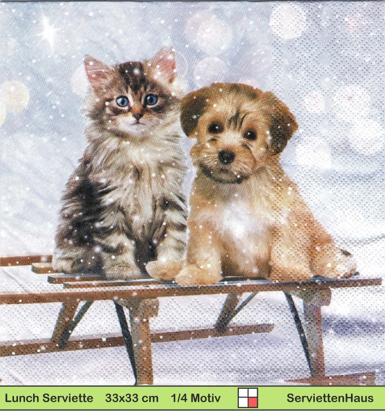 Hund und Katze auf dem Schlitten - 1 Lunch Serviette
