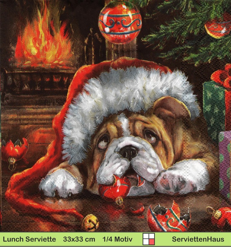 Am Tannenbaum vor dem Kamin liegt ein Hund - 1 Lunch Serviette