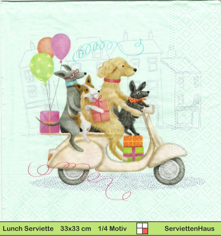 Hunde mit Geschenken und Luftballons auf einem Roller - 1 Lunch Serviette