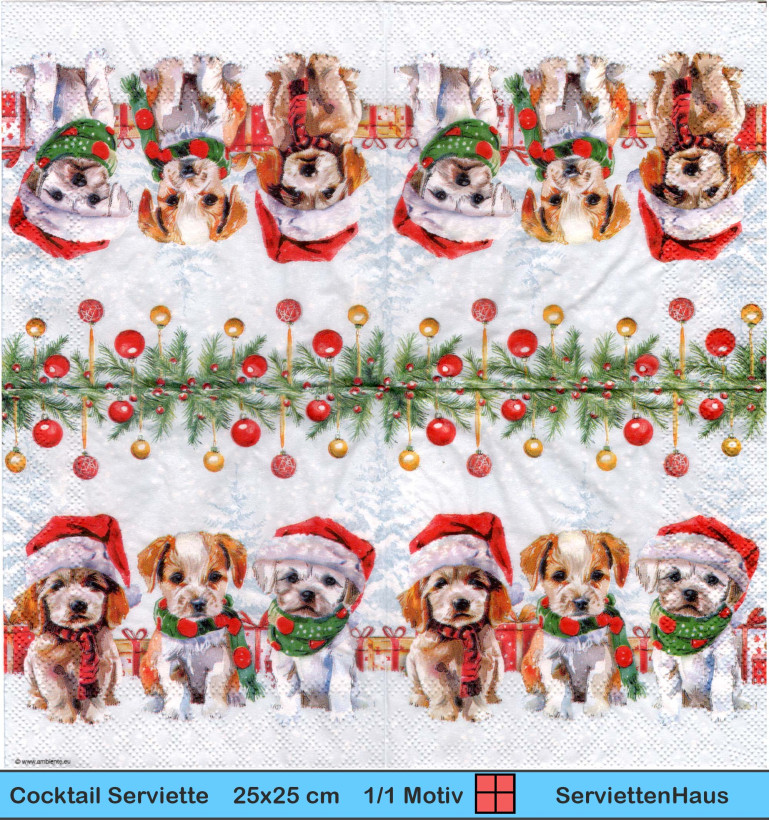 Hunde mit Niklausmützen unter Tannenzweig - 1 Cocktail Serviette