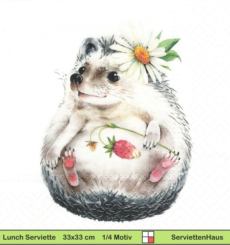 Igel mit Erdbeere und Margerite - 1 Lunch Serviette