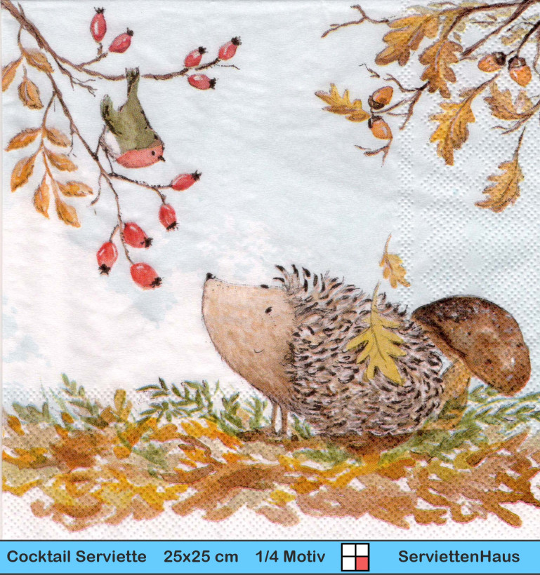 Igel und Rotkehlchen im Herbst - 1 Cocktail Serviette