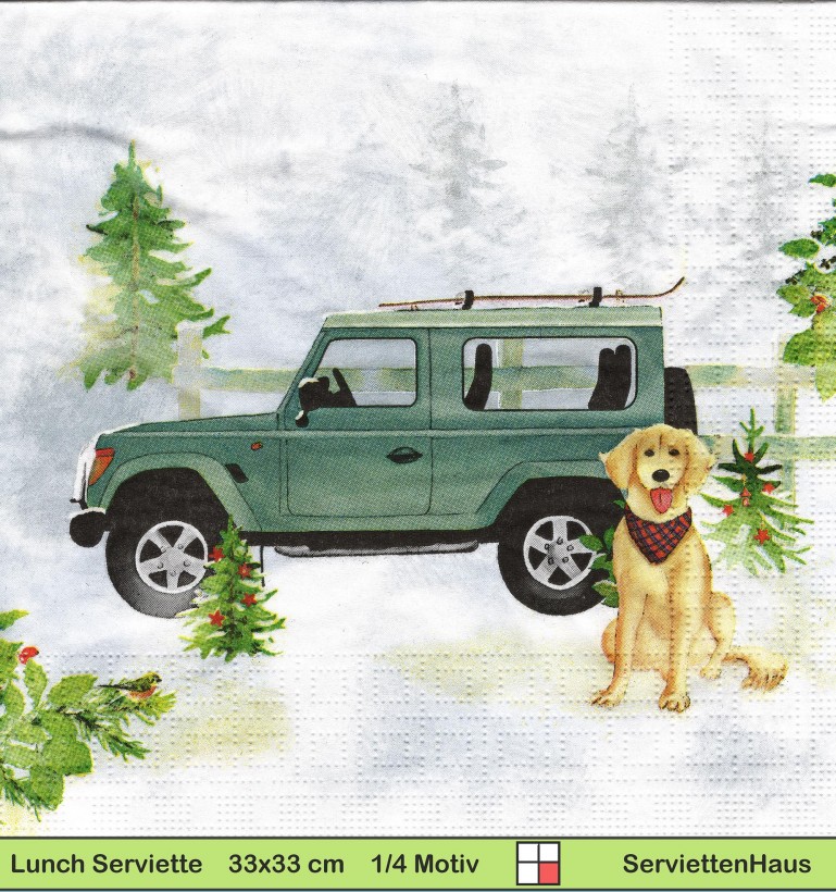 Jeep mit Hund Golden Retriever im Wald - 1 Lunch Serviette