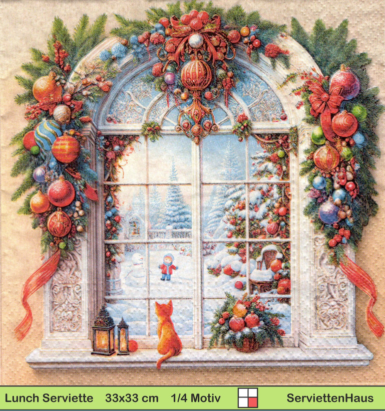 Weihnachtsfenster mit Katze - 1 Lunch Serviette