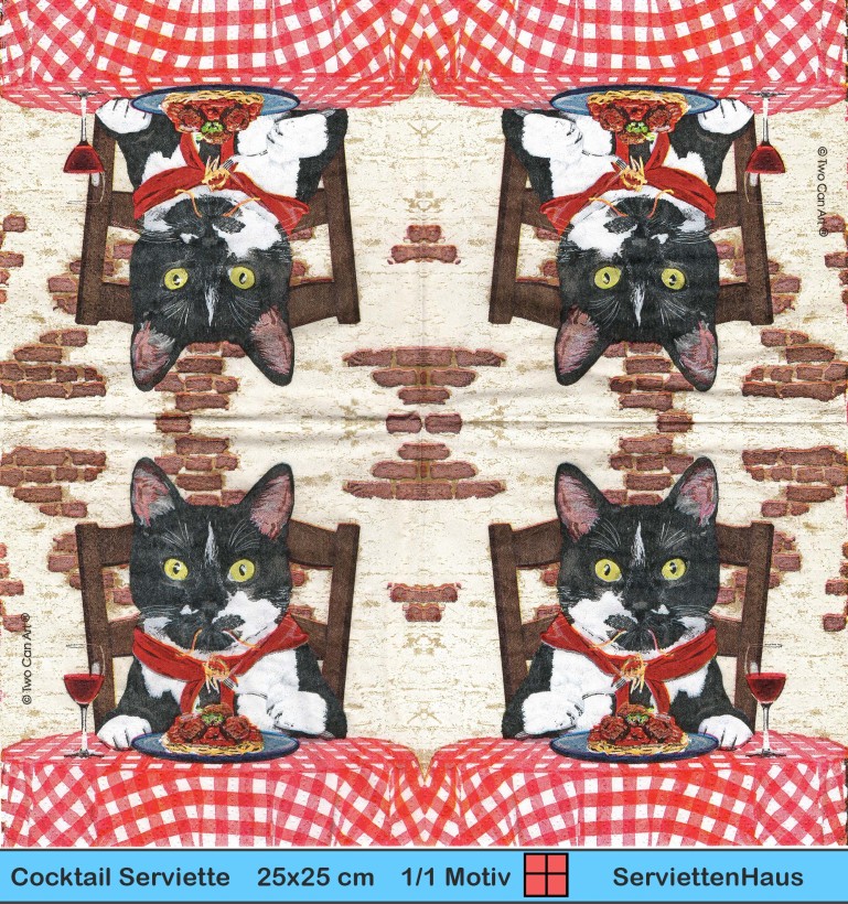 Katze Rocco mit einem Teller Spaghetti - 1 Cocktail Serviette
