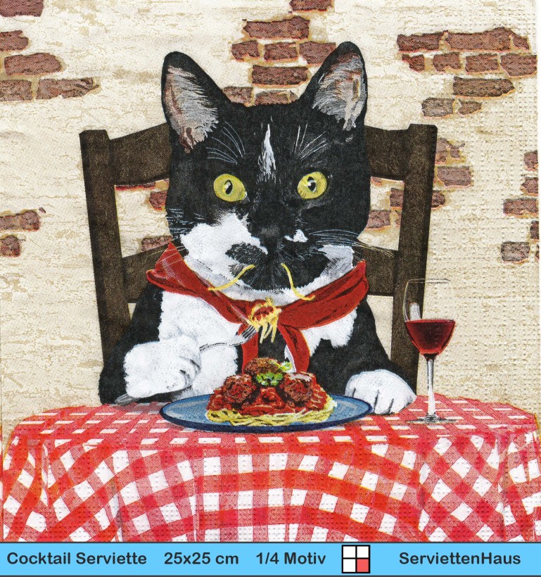 Katze Rocco mit einem Teller Spaghetti - 1 Cocktail Serviette