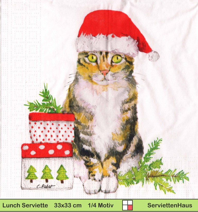 Katze mit Nikolausmütze neben Geschenken - 1 Lunch Serviette