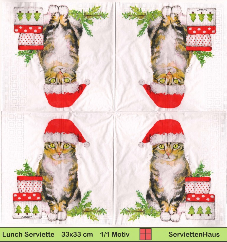 Katze mit Nikolausmütze neben Geschenken - 1 Lunch Serviette