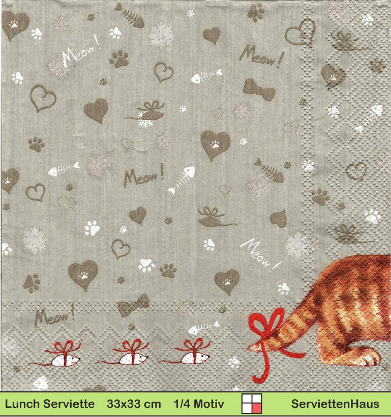 Katze mit roter Schleife am Schwanz und Mäuse - 1 Lunch Serviette