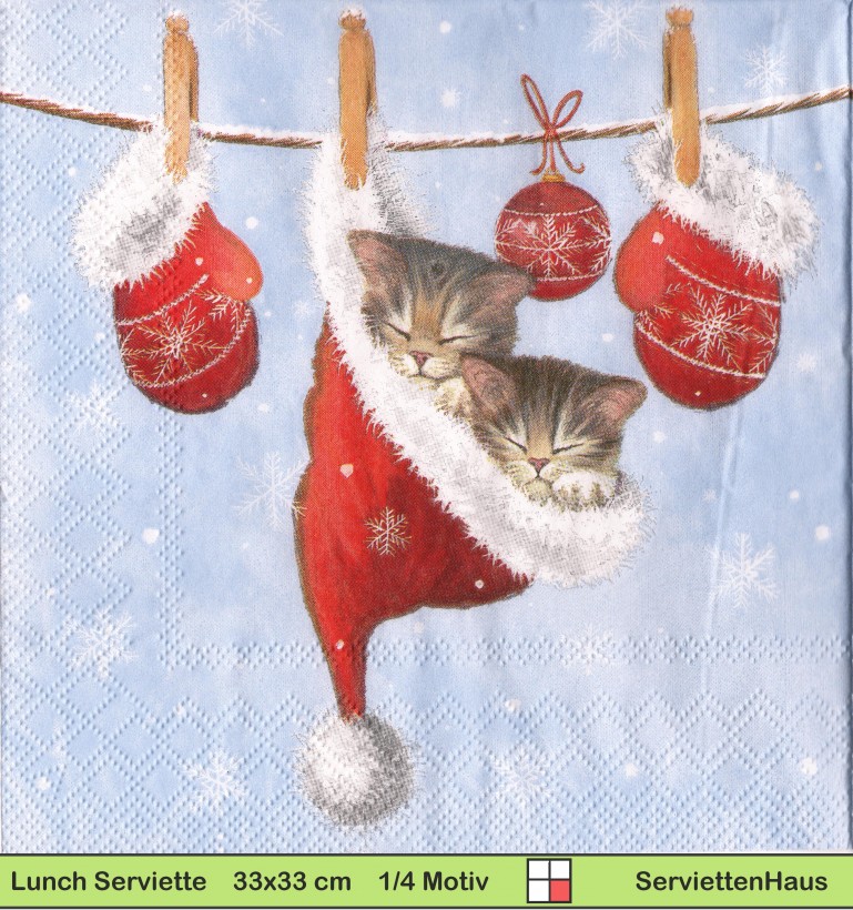 Wäscheleine mit Handschuhe und Mütze in der Katzen schlafen - 1 Lunch Serviette
