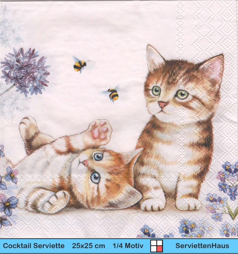 Zwei Katzen spielen mit Bienen und Blüten - 1 Cocktail Serviette