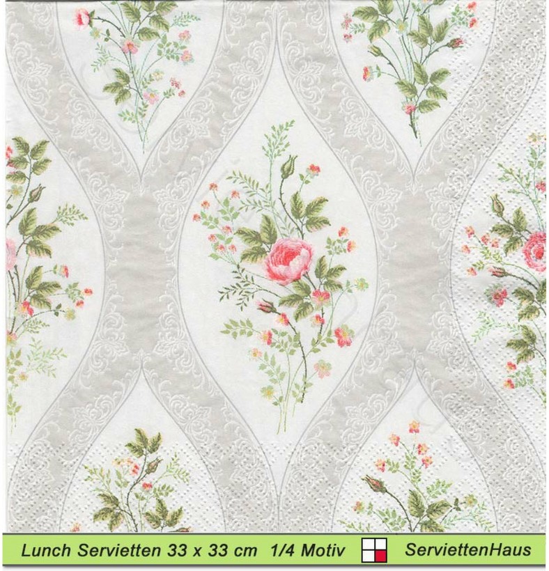 Kleine Rosen und Ornamente in Rautenform - 1 Lunch Serviette - ganzes Motiv