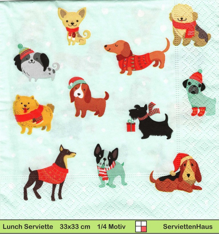 Kleine Hunde mit Schal Mützen und Geschenken - 1 Lunch Serviette