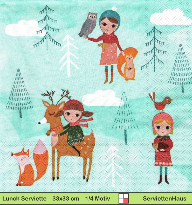 Mädchen im Wald mit Eule Eichhörnchen Hase - 1 Lunch Serviette
