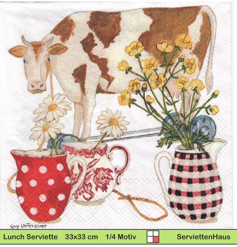 Guy Untereiner - Kuh Milch und Topf mit Butterblumen - 1 Lunch Serviette