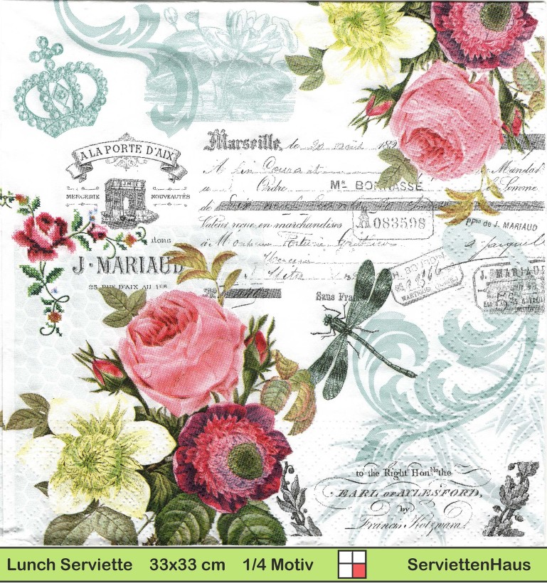 Rosen Libelle Ornamente Text - 1 Lunch Serviette