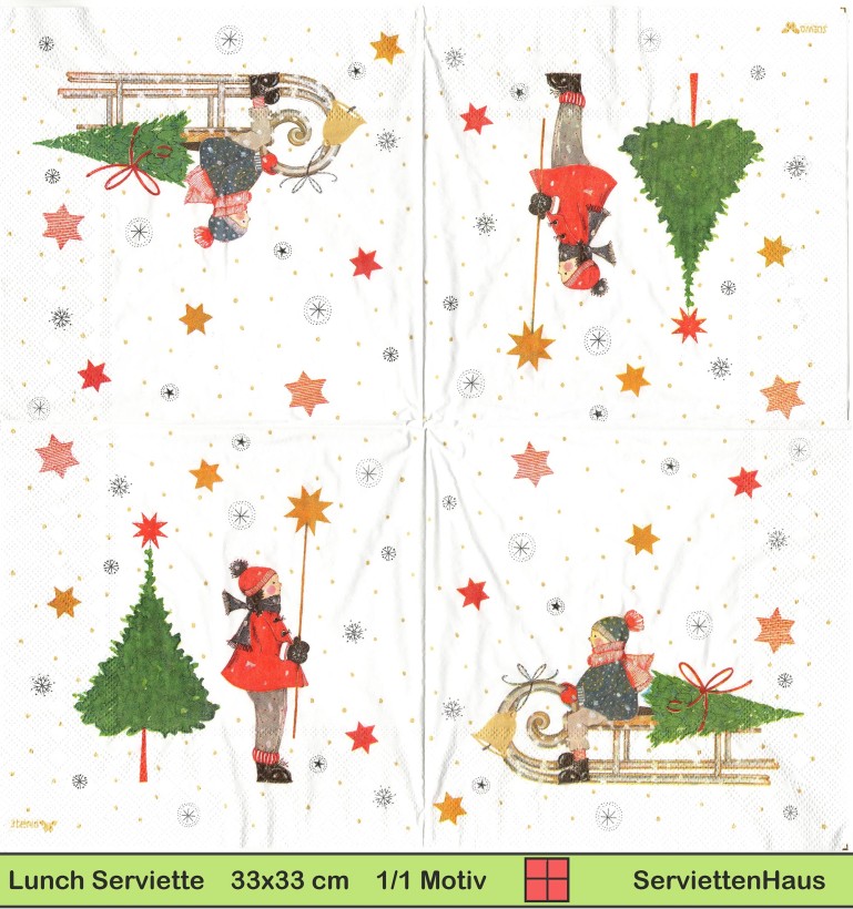 Kinder mit Schlitten und Stern - 1 Lunch Serviette - Halbes Motiv