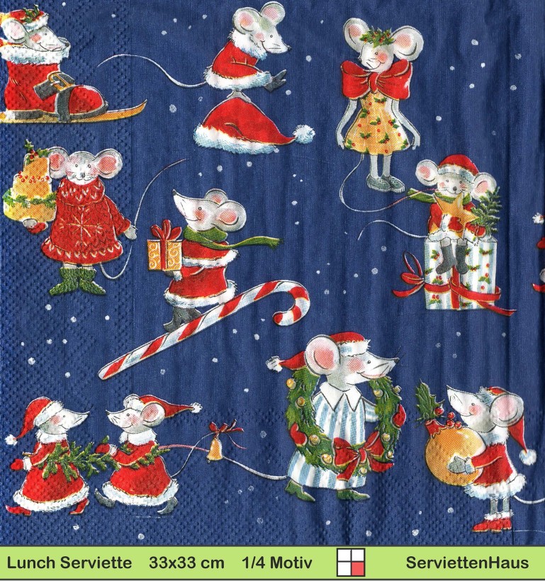 Mäuse packen Weihnachtsgeschenke ein - 1 Lunch Serviette - Halbes Motiv