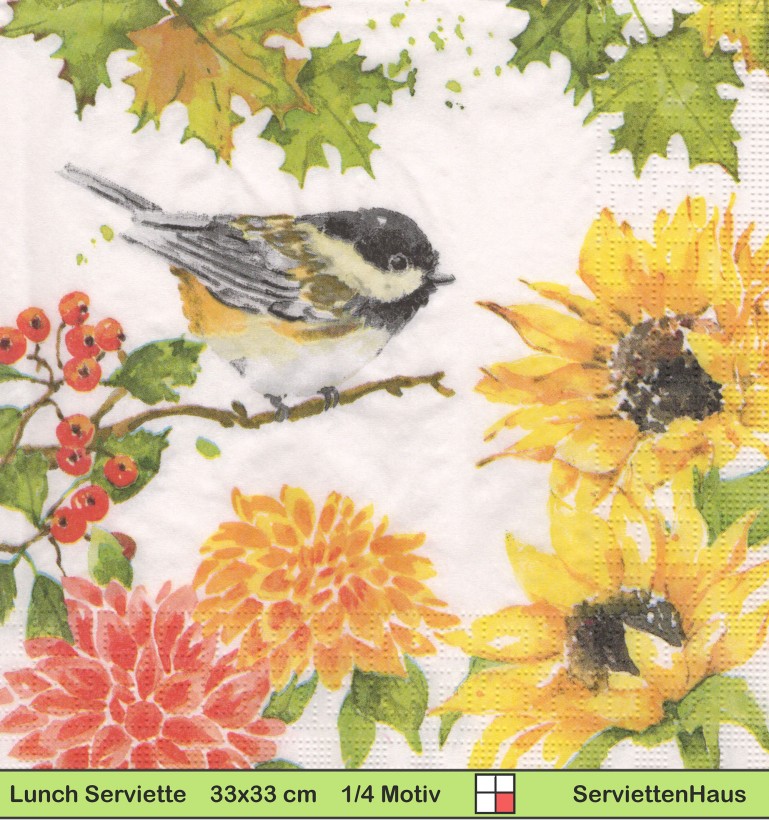 Kleine Meise zwischen Sonnenblumen und Dahlien - 1 Lunch Serviette