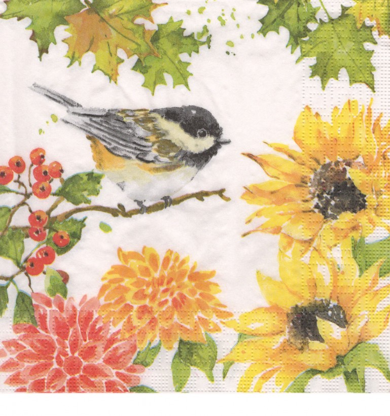Kleine Meise zwischen Sonnenblumen und Dahlien - 1 Lunch Serviette