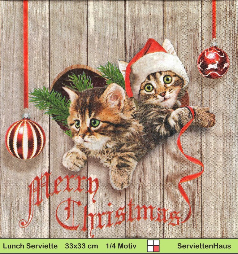 Katzen mit Nikolausmütze wünschen Merry Christmas - 1 Lunch Serviette