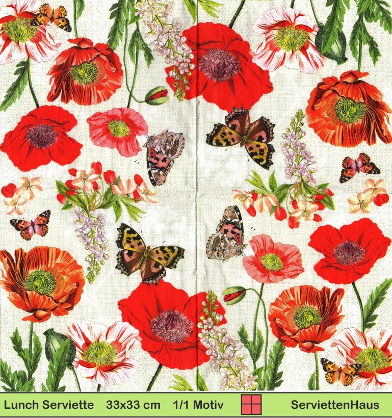 Mohn und Schmetterlinge - 1 Lunch Serviette - halbes Motiv