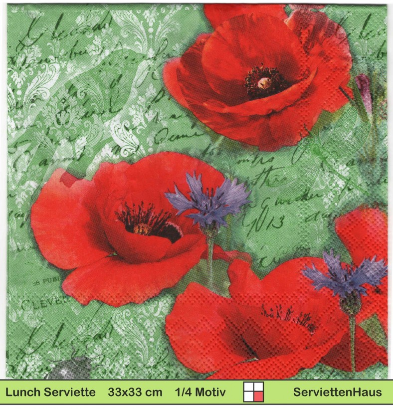 Mohnblumen und Kornblumen auf grün - 1 Lunch Serviette