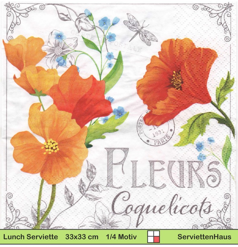 Mohnblumen Vergissmeinnicht und Libelle - 1 Lunch Serviette