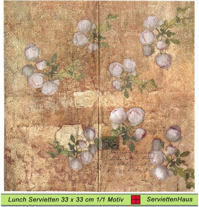 Nostalgie - Rosen auf beige mit Schrift - 1 Lunch Serviette - ganzes Motiv