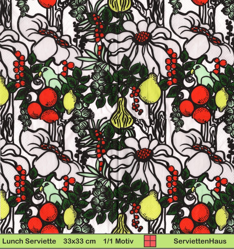 Marimekko - Schwarz gezeichnete Blumen - 1 Lunch Serviette - halbes Motiv