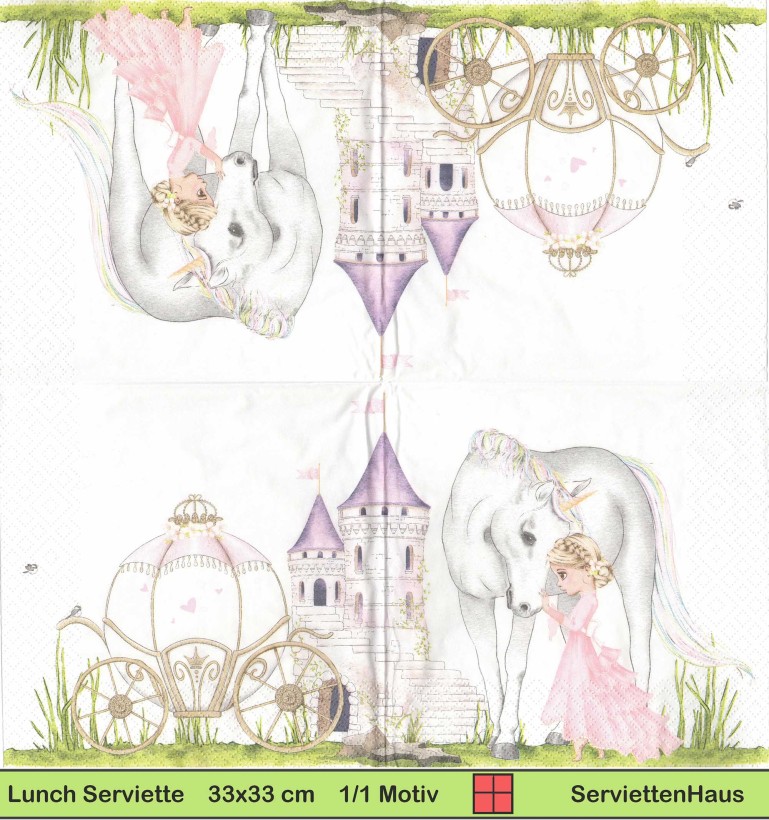 Prinzessin mit Kutsche und Einhorn vor Schloss - 1 Lunch Serviette
