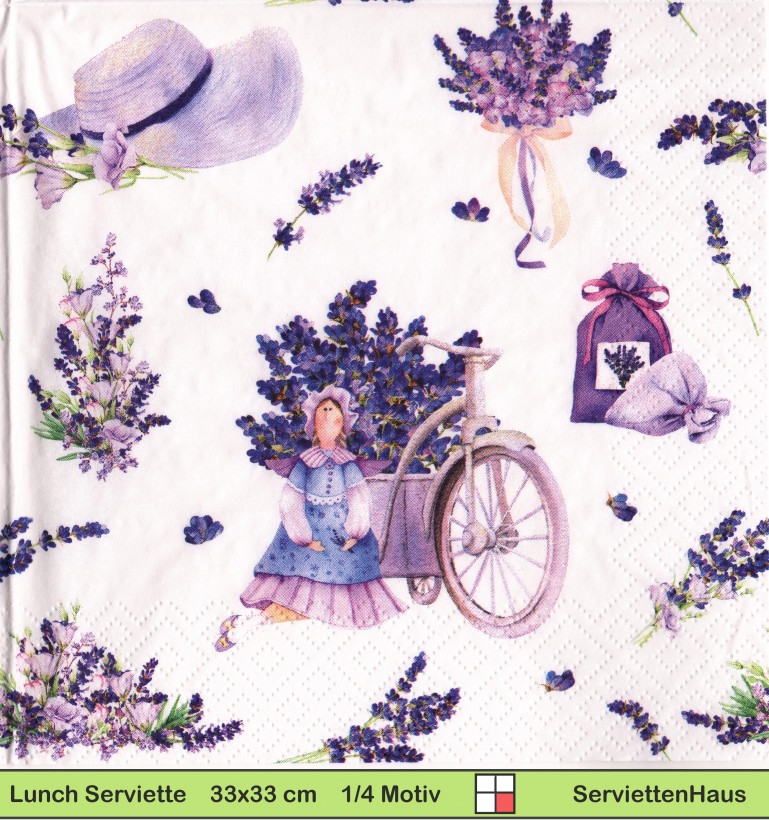 Kleine Puppe mit Fahrrad und Lavendel - 1 Lunch Serviette