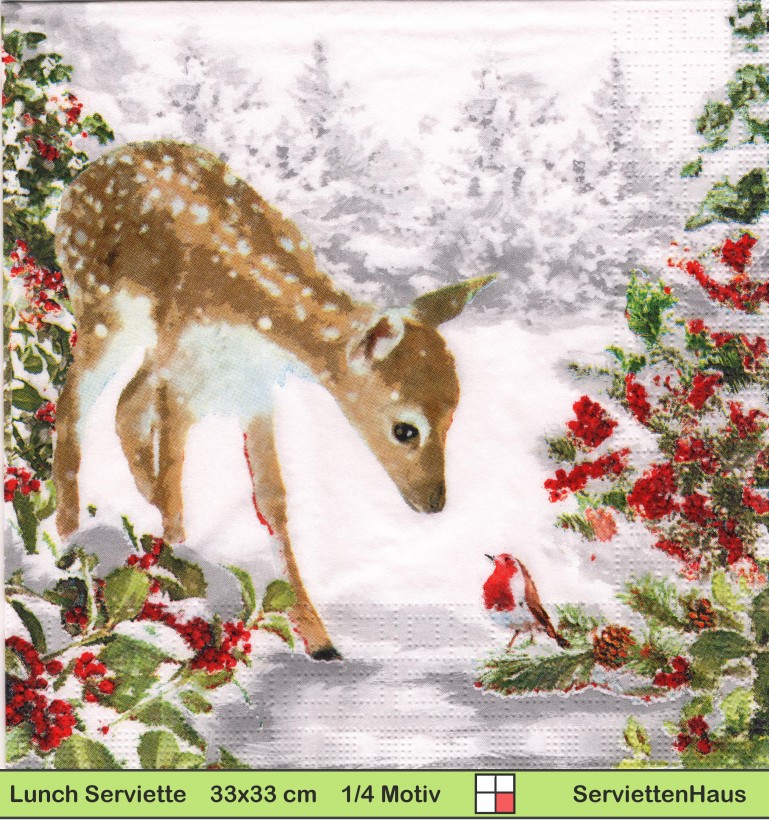 Das Reh Bambi mit Rotkehlchen am Mistelbusch - 1 Lunch Serviette