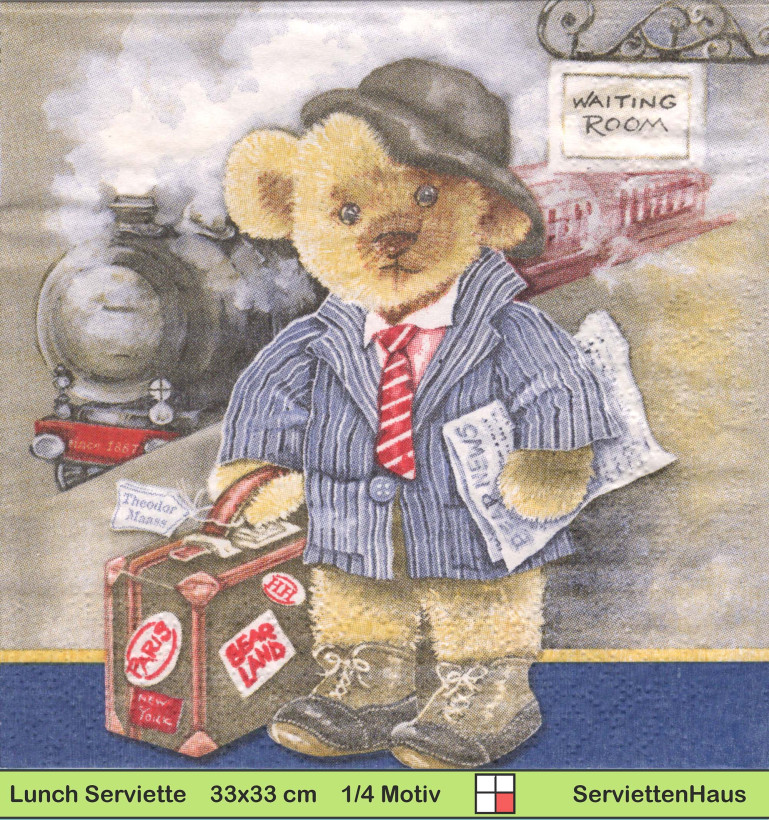 Reiseteddy mit Koffer am Bahnsteig - 1 Lunch Serviette