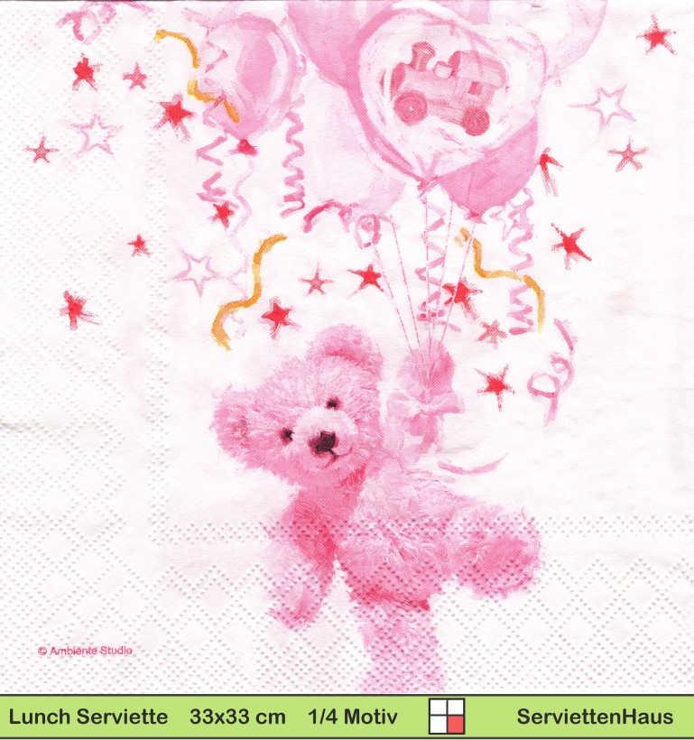 Teddy in rosa an Luftballons - 1 Lunch Serviette