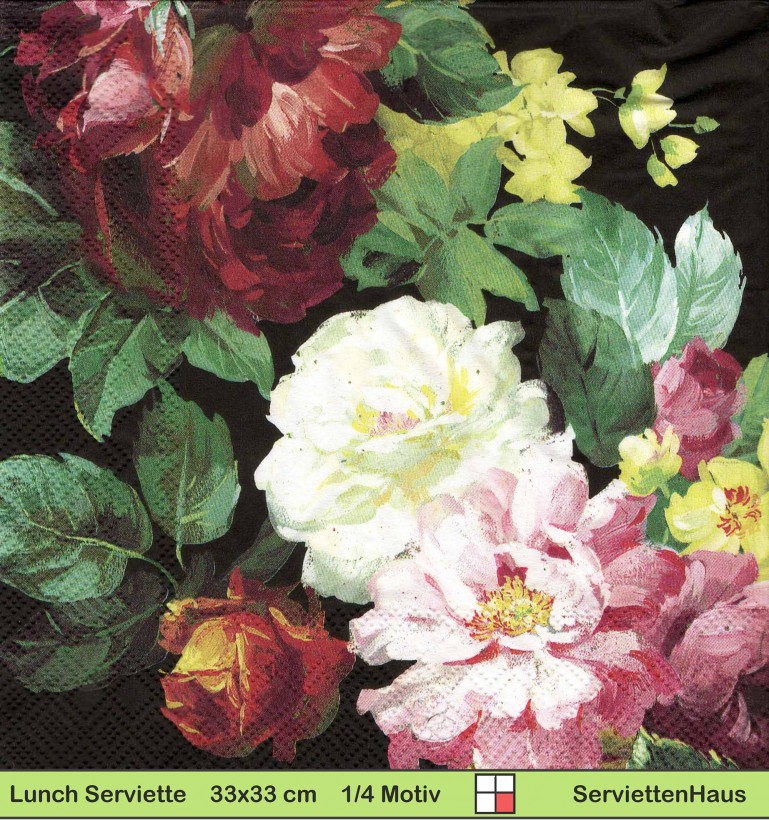 Große Rosen auf schwarz - 1 Lunch Serviette