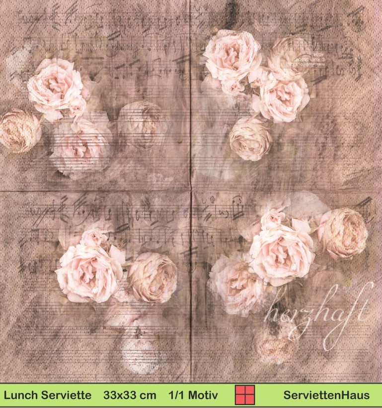 Nostalgie - Rosen mit Noten und Text Herzhaft - 1 Lunch Serviette - Halbes Motiv