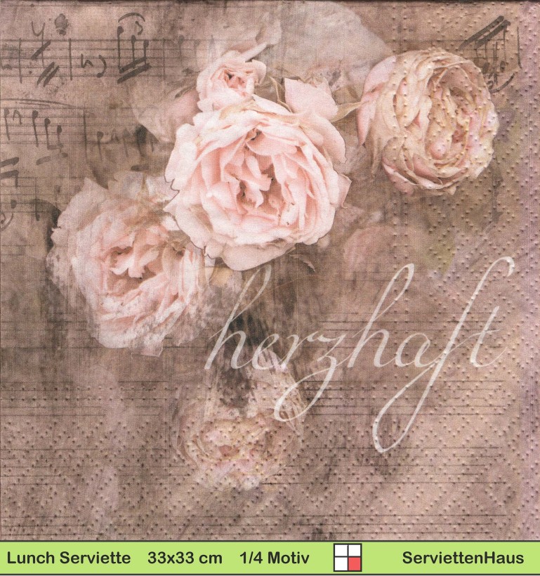 Nostalgie - Rosen mit Noten und Text Herzhaft - 1 Lunch Serviette - Halbes Motiv