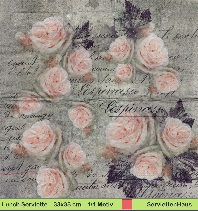 Nostalgie - Rosen mit Blätter auf Schrift - 1 Lunch Serviette - Halbes Motiv