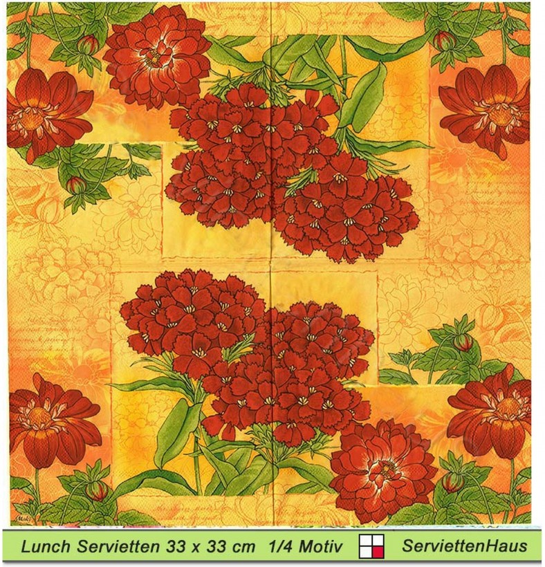 Rote Blumen auf gelb - 1 Lunch Serviette