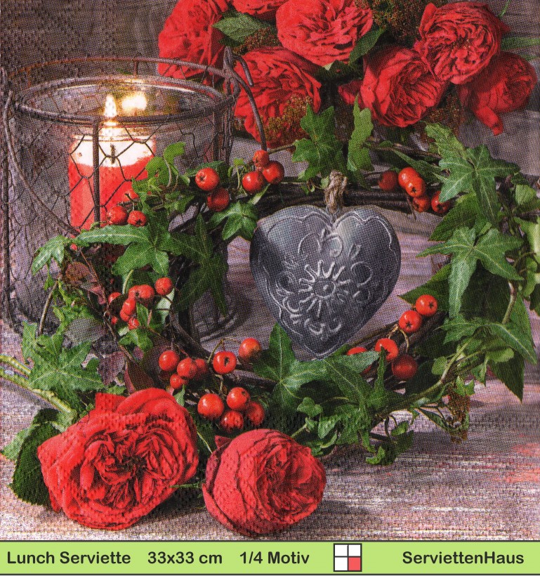 Rosen mit Metallherz und Windlicht - 1 Lunch Serviette