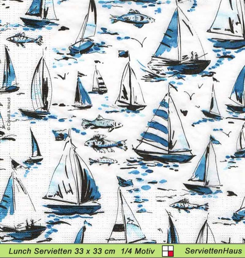 Kleine blaue Segelschiffe und Fische - 1 Lunch Serviette